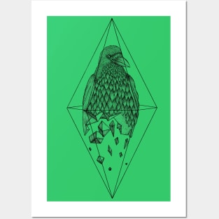 Geometric Crow in a diamond (tattoo style- Black and White version) Posters and Art